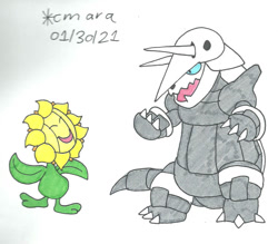 Size: 955x837 | Tagged: safe, artist:cmara, aggron, animate plant, fictional species, sunflora, feral, nintendo, pokémon, 2021, 2d, ambiguous gender, ambiguous only, duo, duo ambiguous, eyes closed, perissodactyl, signature, simple background, traditional art, ungulate, white background