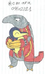 Size: 727x1192 | Tagged: safe, artist:cmara, cyndaquil, fictional species, heatmor, feral, nintendo, pokémon, 2021, 2d, ambiguous gender, ambiguous only, duo, duo ambiguous, eyes closed, hug, lined paper, starter pokémon, traditional art