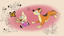 Size: 1191x671 | Tagged: safe, artist:mongolianpangolin, arthropod, butterfly, canine, dog, human, insect, mammal, primate, feral, animaniacs, warner brothers, 2d, buttons (animaniacs), child, clothes, duo, female, footwear, male, mindy (animaniacs), open mouth, open smile, running, shoes, sitting, smiling, standing, young