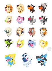 Size: 700x958 | Tagged: source needed, safe, artist:versiris, absol, arcanine, canine, fictional species, furfrou, growlithe, houndoom, houndour, hyena, legendary pokémon, lucario, lycanroc, mammal, manectric, mightyena, poochyena, rockruff, smeargle, snubbull, stoutland, yamper, zygarde, feral, nintendo, pokémon, ambiguous gender, foo dog, houndstone, low res, open mouth, sharp teeth, simple background, teeth, the dog, white background