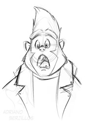 Size: 563x811 | Tagged: safe, artist:corgi, johnny (sing), ape, gorilla, mammal, primate, anthro, illumination entertainment, sing (film), universal pictures, 2017, 2d, bust, male, monochrome, open mouth, shocked, signature, solo, solo male