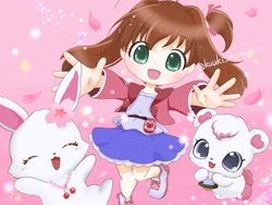 Size: 1024x768 | Tagged: safe, artist:kuuki_murabito, akari sakura (jewelpet), ruby (jewelpet), bear, hare, human, japanese hare, lagomorph, mammal, primate, semi-anthro, jewelpet (sanrio), sanrio, clothes, flower, flower on head, labra (jewelpet)