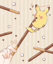 Size: 1655x2000 | Tagged: safe, artist:temariame14, fictional species, mammal, pikachu, nintendo, pokémon, 2023, 2d, black eyes, eating, electricity, faceless human, food, holding, pocky, solo, stars, tail