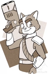 Size: 834x1280 | Tagged: safe, artist:corgi, avocato (final space), cat, feline, mammal, anthro, final space, 2018, 2d, gun, hand on hip, holding, holding object, holding weapon, inktober, male, monochrome, signature, smiling, solo, solo male, weapon