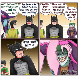 Size: 1966x1966 | Tagged: suggestive, artist:idiotoftheeast, batman (batman), joker (dc), fictional species, human, katress, lovander, mammal, semi-anthro, batman (series), dc comics, palworld, 2024, comic, dialogue, digital art, ears, female, fur, male, meme, robin (batman), skin, smiling, speech bubble, tail, talking, text, this will not end well, uh-oh