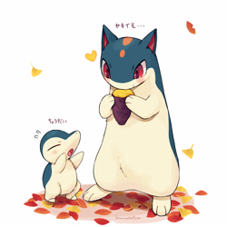 Size: 1650x1650 | Tagged: safe, artist:kaminokefusa, cyndaquil, fictional species, quilava, feral, nintendo, pokémon, 2024, ambiguous gender, ambiguous only, detailed background, digital art, duo, duo ambiguous, eating, eyes closed, leaf, quills, standing, starter pokémon, sweet potato