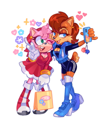 Size: 1089x1273 | Tagged: suggestive, artist:martarthemartar, amy rose (sonic), princess sally acorn (sonic), chipmunk, eulipotyphlan, hedgehog, mammal, rodent, archie sonic the hedgehog, sega, sonic the hedgehog (series), bandanna, blue eyes, bodysuit, boots, bottomwear, bracelet, breasts, brown body, brown hair, cleavage, clothes, dress, duo, duo female, ear piercing, earring, eyebrow piercing, female, females only, flower, footwear, gloves, green eyes, hair, heart, jewelry, legwear, one eye closed, piercing, plant, selfie, shoes, smiling, tail, thigh high boots, tight clothing, topwear, vest, winking