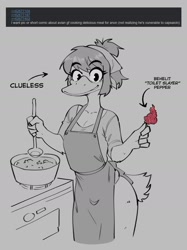 Size: 1302x1741 | Tagged: safe, artist:demidoggo, bird, duck, waterfowl, anthro, apron, bandanna, bottomwear, clothes, female, food, grayscale, ladle, looking at you, monochrome, pants, pepper, shirt, smiling, smiling at you, solo, solo female, soup, text, this will end in pain, this will not end well, topwear