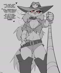 Size: 1183x1414 | Tagged: suggestive, alternate version, artist:demidoggo, stella (vivzmind), bird, galliform, peafowl, anthro, hazbin hotel, helluva boss, absolute cleavage, bandanna, bedroom eyes, blushing, boots, bottomwear, breasts, cleavage, clothes, colored sclera, cowboy hat, cowgirl, dialogue, female, footwear, front knot midriff, grayscale, hat, headwear, legwear, looking at you, mature, mature female, midriff, monochrome, offscreen character, pink sclera, pov, rope, shirt, short shorts, shorts, solo, solo female, talking, thigh high boots, topwear