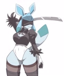 Size: 1959x2326 | Tagged: safe, artist:oreon_smol, eeveelution, fictional species, glaceon, mammal, anthro, nintendo, pokémon, 2024, blindfold, breasts, clothes, digital art, ears, eyelashes, female, fur, hair, legwear, leotard, simple background, solo, solo female, stockings, sword, tail, thighs, weapon, wide hips