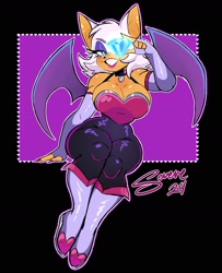 Size: 1947x2400 | Tagged: safe, artist:_sereneartist_, rouge the bat (sonic), bat, mammal, anthro, sega, sonic the hedgehog (series), big breasts, bodysuit, boots, breasts, choker, cleavage, clothes, diamond, eyeshadow, female, footwear, gloves, lidded eyes, long gloves, looking at you, makeup, shoes, smiling, smiling at you, solo, solo female, tight clothing