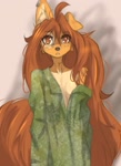 Size: 1444x1983 | Tagged: safe, artist:tinygaypirate, oc, oc:apogee (tinygaypirate), canine, dog, mammal, anthro, absolute cleavage, breasts, cleavage, clothes, ear piercing, female, looking at you, oversized clothes, piercing, shirt, small breasts, solo, solo female, tattoo, topwear