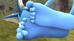 Size: 1192x670 | Tagged: safe, artist:renamaster, eeveelution, fictional species, mammal, vaporeon, anthro, plantigrade anthro, nintendo, pokémon, 3d, anthrofied, barefoot, digital art, feet, fetish, foot fetish, foot focus, soles, toes, wiggling toes