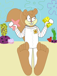 Size: 828x1104 | Tagged: safe, artist:anuma300, patrick star (spongebob), sandy cheeks (spongebob), spongebob (spongebob), mammal, rodent, squirrel, anthro, plantigrade anthro, nickelodeon, spongebob squarepants (series), barefoot, feet, fetish, foot fetish, foot focus, soles, spacesuit, toes