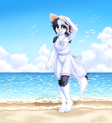 Size: 1830x2013 | Tagged: safe, artist:fluffyhinu, oc, oc only, canine, dog, mammal, anthro, digitigrade anthro, 2023, beach, bottomwear, breasts, clothes, detailed background, digital art, dress, ears, eyelashes, female, fur, hair, hat, headwear, open mouth, sharp teeth, solo, solo female, sun hat, tail, teeth, thighs, tongue, wide hips