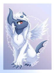 Size: 1500x2000 | Tagged: safe, artist:fluffyhinu, absol, fictional species, mega absol, mega pokémon, feral, nintendo, pokémon, 2023, ambiguous gender, claws, digital art, ears, fur, hair, simple background, solo, solo ambiguous, tail, thighs, wings