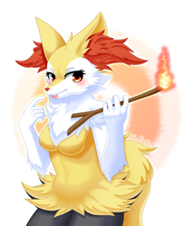 Size: 1700x2000 | Tagged: safe, artist:fluffyhinu, braixen, fictional species, anthro, nintendo, pokémon, 2023, belly button, breasts, digital art, ear fluff, ears, eyelashes, female, fluff, fur, hair, hip fluff, simple background, solo, solo female, starter pokémon, stick, tail, thighs, wide hips