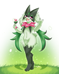 Size: 1717x2146 | Tagged: safe, artist:fluffyhinu, fictional species, meowscarada, anthro, semi-anthro, nintendo, pokémon, spoiler:pokémon gen 9, spoiler:pokémon scarlet and violet, 2023, belly button, digital art, ears, fur, hair, mask, open mouth, sharp teeth, simple background, starter pokémon, tail, teeth, thighs, tongue