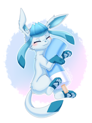 Size: 1500x2000 | Tagged: safe, artist:fluffyhinu, eeveelution, fictional species, glaceon, mammal, anthro, nintendo, pokémon, 2023, ambiguous gender, cuddling, digital art, ears, eyes closed, fur, hair, hug, paw pads, paws, simple background, sleeping, solo, solo ambiguous, tail, thighs