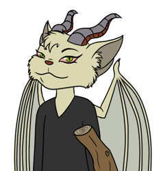 Size: 941x989 | Tagged: safe, artist:sawkinator, acara, fictional species, anthro, neopets, 2024, clothes, colored sclera, female, green eyes, horns, meme redraw, red sclera, simple background, smug, solo, solo female, stick, vira (neopets), white background, wings