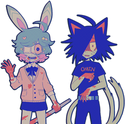 Size: 836x828 | Tagged: safe, artist:casin0s, oc, oc only, oc:aum (casin0s), oc:tulip (casin0s), cat, feline, fictional species, lagomorph, mammal, rabbit, undead, anthro, blood, bottomwear, clothes, crying, duo, eyepatch, female, hair, hair over one eye, male, shark teeth, skirt