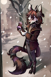 Size: 1905x2896 | Tagged: safe, artist:lonerdemiurge, oc, fictional species, sahash, anthro, 2023, brown hair, clothes, coffee, coffee cup, crown of leaves, cute, digital art, drink, fluff, hair, horns, outdoors, snow, snowfall, solo, steam, tail, tail fluff, whiskers, winter