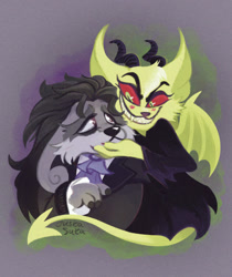 Size: 900x1071 | Tagged: safe, artist:justasuta, acara, fictional species, anthro, neopets, 2024, bust, clothes, colored sclera, duo, duo male and female, evil grin, female, gray background, green eyes, grin, horns, male, red sclera, signature, simple background, smiling, suit, tail, vira (neopets), wings, yurble