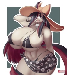 Size: 1067x1200 | Tagged: suggestive, artist:ai_od_official, oc, oc:nikki (saucy), cat, feline, mammal, anthro, absolute cleavage, arm behind head, bell, bikini, bracelet, breasts, choker, cleavage, clothes, female, hair, hair over one eye, hat, headwear, huge breasts, jewelry, looking at you, midriff, open mouth, open smile, skimpy, smiling, smiling at you, solo, solo female, sun hat, swimsuit