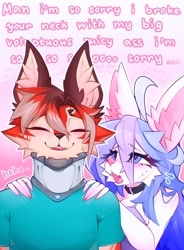 Size: 1506x2048 | Tagged: suggestive, artist:prsmrti, bat, canine, mammal, anthro, breasts, cleavage, clothes, collar, dialogue, duo, duo male and female, eyes closed, female, male, neck brace, shirt, smiling, talking, topwear