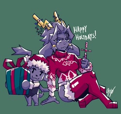 Size: 1628x1528 | Tagged: safe, artist:jojodelte, sybil (pseudoregalia), bovid, caprine, fictional species, goat, jackalope, lagomorph, mammal, anthro, pseudoregalia, antlers, breasts, butler (pseudoregalia), candy, candy cane, christmas lights, clothes, duo, duo male and female, female, food, horns, legwear, lidded eyes, lights, looking at you, male, present, sitting, size difference, smiling, smiling at you, sweater, text, thigh highs, topwear, vest