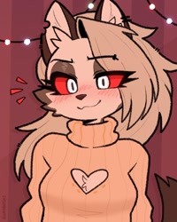 Size: 1130x1413 | Tagged: safe, artist:jayrnski, loona (vivzmind), canine, fictional species, hellhound, mammal, anthro, hazbin hotel, helluva boss, blushing, cleavage fluff, cleavage window, clothes, female, fluff, smiling, solo, solo female, sweater, topwear, turtleneck