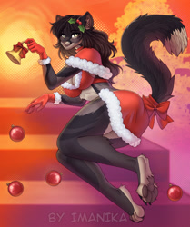 Size: 795x950 | Tagged: safe, artist:imanika, oc, oc only, cat, feline, mammal, anthro, digitigrade anthro, 2024, belly button, bikini, bikini top, bottomwear, breasts, christmas, cleavage, clothes, commission, detailed background, digital art, ears, eyelashes, female, fur, hair, hat, headwear, holiday, paw pads, paws, santa hat, skirt, solo, solo female, swimsuit, tail, thighs, wide hips, ych result