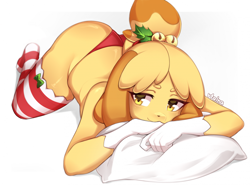 Size: 2234x1649 | Tagged: suggestive, artist:vtalna, isabelle (animal crossing), canine, dog, mammal, shih tzu, anthro, animal crossing, nintendo, 2024, bed, breasts, clothes, digital art, ears, eyelashes, female, fur, hair, legwear, lying down, lying on bed, on bed, panties, partial nudity, pillow, solo, solo female, stockings, tail, thighs, topless, underwear, wide hips