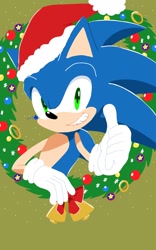 Size: 1280x2048 | Tagged: safe, artist:sakura_2739, sonic the hedgehog (sonic), eulipotyphlan, hedgehog, mammal, anthro, sega, sonic the hedgehog (series), 2024, bell, black nose, blue body, blue fur, bust, christmas, christmas wreath, clothes, fur, gloves, green background, green eyes, hat, headwear, holiday, looking at you, male, ring (sonic), santa hat, simple background, smiling, smiling at you, solo, solo male, teeth, thumbs up