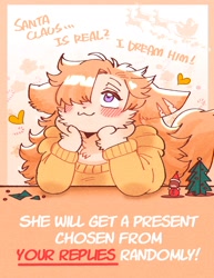 Size: 1200x1552 | Tagged: safe, artist:comifur, oc, oc:loomy (comifur), canine, fictional species, mammal, werewolf, anthro, blushing, clothes, dialogue, female, hair, hair over one eye, smiling, solo, solo female, sweater, talking, text, topwear