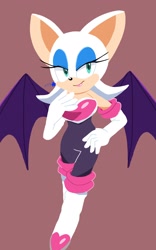 Size: 1280x2048 | Tagged: safe, artist:sakura_2739, rouge the bat (sonic), bat, mammal, anthro, sega, sonic the hedgehog (series), 2024, bare shoulders, bat wings, black nose, bodysuit, boots, breasts, brown background, clothes, eyelashes, eyeshadow, female, full body, fur, gloves, green eyes, half closed eyes, hand on hip, hand up, high heel boots, high heels, lipstick, long gloves, makeup, shoes, simple background, skin, solo, solo female, strapless, tight clothing, webbed wings, white body, white fur, wings