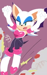 Size: 1280x2048 | Tagged: safe, artist:sakura_2739, rouge the bat (sonic), bat, mammal, anthro, sega, sonic the hedgehog (series), 2024, bare shoulders, bat wings, black nose, bodysuit, boots, breasts, brown background, cake, clothes, cream, eyelashes, eyeshadow, food, full body, fur, gloves, green eyes, hands up, high heel boots, high heels, lipstick, long gloves, looking down, makeup, open mouth, shoes, simple background, skin, strapless, tail, teeth, tight clothing, webbed wings, white body, white fur, wings