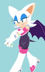 Size: 1280x2048 | Tagged: safe, artist:sakura_2739, rouge the bat (sonic), bat, mammal, anthro, sega, sonic the hedgehog (series), 2024, bare shoulders, bat wings, black nose, blue background, bodysuit, boots, breasts, clothes, eyelashes, eyeshadow, female, full body, fur, gloves, green eyes, high heel boots, high heels, jewelry, lipstick, long gloves, looking at you, looking down, makeup, ring, shoes, simple background, skin, smiling, smiling at you, solo, solo female, strapless, tail, tight clothing, walking, webbed wings, white body, white fur, wings