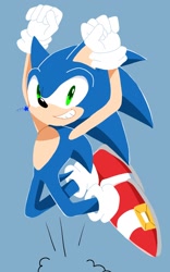 Size: 1280x2048 | Tagged: safe, artist:sakura_2739, sonic the hedgehog (sonic), eulipotyphlan, hedgehog, mammal, anthro, sega, sonic the hedgehog (series), 2024, black nose, blue background, blue body, blue fur, clothes, footwear, full body, fur, gloves, green eyes, hands up, jumping, looking at you, male, open mouth, open smile, shoes, simple background, smiling, smiling at you, sneakers, solo, solo male, tail, teeth