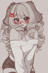 Size: 511x770 | Tagged: safe, artist:puppyypawss, oc, oc:puppy, canine, dog, mammal, anthro, blushing, bottomwear, breasts, cleavage, clothes, collar, female, glasses, legwear, looking at you, open mouth, short shorts, shorts, solo, solo female, sweater, thigh highs, topwear