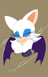 Size: 1280x2048 | Tagged: safe, artist:sakura_2739, rouge the bat (sonic), bat, mammal, anthro, sega, sonic the hedgehog (series), 2024, bare shoulders, bat wings, black nose, bodysuit, brown background, bust, clothes, cold, crossed arms, eyelashes, eyes closed, eyeshadow, female, fur, gloves, lipstick, long gloves, makeup, simple background, skin, solo, solo female, strapless, tight clothing, webbed wings, white body, white fur, wind, wings