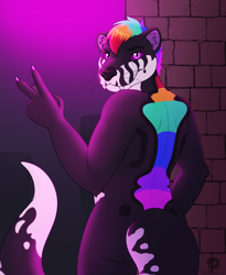 Size: 1800x2200 | Tagged: safe, artist:thatblackfox, mammal, mustelid, otter, reptile, snake, alley, alleyway, bar, club, gesture, glowing, glowy, male, neon, peace sign, pink, purple, rainbow