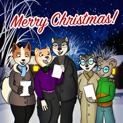 Size: 2048x2048 | Tagged: safe, canine, dog, mammal, mouse, procyonid, raccoon, rodent, alaina (love rocket), algie (love rocket), christmas caroling, ella (love rocket), kingkuraselache, prisma dog, snow, the consultant (kingkuraselache)