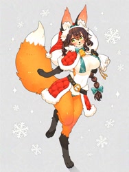 Size: 1539x2048 | Tagged: suggestive, artist:toconikky, canine, fox, mammal, anthro, absolute cleavage, bell, big breasts, bikini, blushing, breasts, christmas, cleavage, clothes, female, hat, headwear, holiday, looking at you, midriff, sack, santa hat, smiling, smiling at you, solo, solo female, swimsuit