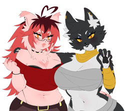 Size: 780x693 | Tagged: safe, artist:shyychilla_, oc, oc:bacardi (muart242), cat, feline, mammal, anthro, arm around character, big breasts, bottomwear, bracer, breasts, chest wraps, choker, cleavage, clothes, colored sclera, duo, duo female, ear fluff, ear piercing, female, females only, fluff, glasses, jewelry, lidded eyes, looking at you, midriff, necklace, pants, piercing, smiling, smiling at you, tube top, wristband, yellow sclera