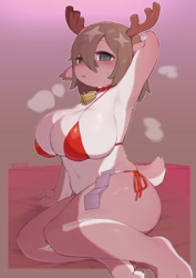 Size: 1254x1771 | Tagged: suggestive, artist:ten_yati, cervid, deer, mammal, reindeer, anthro, absolute cleavage, antlers, arm behind head, bell, big breasts, bikini, blushing, breasts, cleavage, clothes, collar, condom, female, looking at you, lying down, midriff, on side, sideboob, skimpy, solo, solo female, swimsuit