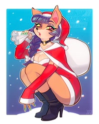 Size: 1600x2014 | Tagged: safe, artist:m5mona, mammal, marsupial, potoroo, anthro, boots, breasts, choker, christmas, cleavage, clothes, colored sclera, crouching, dress, female, hat, headwear, high heel boots, high heels, holiday, legwear, looking at you, nail polish, sack, santa dress, santa hat, shoes, sleeves, solo, solo female, thigh highs, yellow sclera