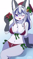 Size: 1080x1920 | Tagged: safe, artist:aruma_ribon, absol, canine, fictional species, mammal, anthro, nintendo, pokémon, big breasts, bikini, blushing, breasts, christmas, clothes, female, hat, headwear, holiday, looking at you, midriff, one eye closed, open mouth, open smile, presenting, ribbon, santa hat, smiling, smiling at you, solo, solo female, swimsuit, winking