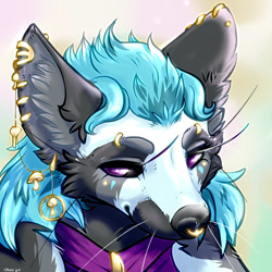 Size: 1000x1000 | Tagged: safe, artist:danji-isthmus, oc, canine, fox, mammal, anthro, digitigrade anthro, big ears, blue hair, bust, ear piercing, ears, female, gold, hair, nose piercing, nose ring, piercing, portrait, punk, solo, solo female