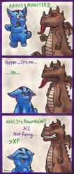 Size: 544x1280 | Tagged: safe, artist:tehpony, part of a set, oc, oc only, oc:popper (tehpony), oc:rawreaie (tehpony), fictional species, poogle (neopets), reptile, feral, semi-anthro, comic:neopets comic (tehpony), neopets, 2009, annoyed, blue body, blue eyes, brown scales, colored tongue, comic, comic strip, dialogue, duo, duo male and female, female, grarrl, long tongue, looking at someone, male, open mouth, red eyes, red tongue, scales, sharp teeth, smiling, spines, talking, teeth, tongue, tongue out, traditional art, webbed wings, wings